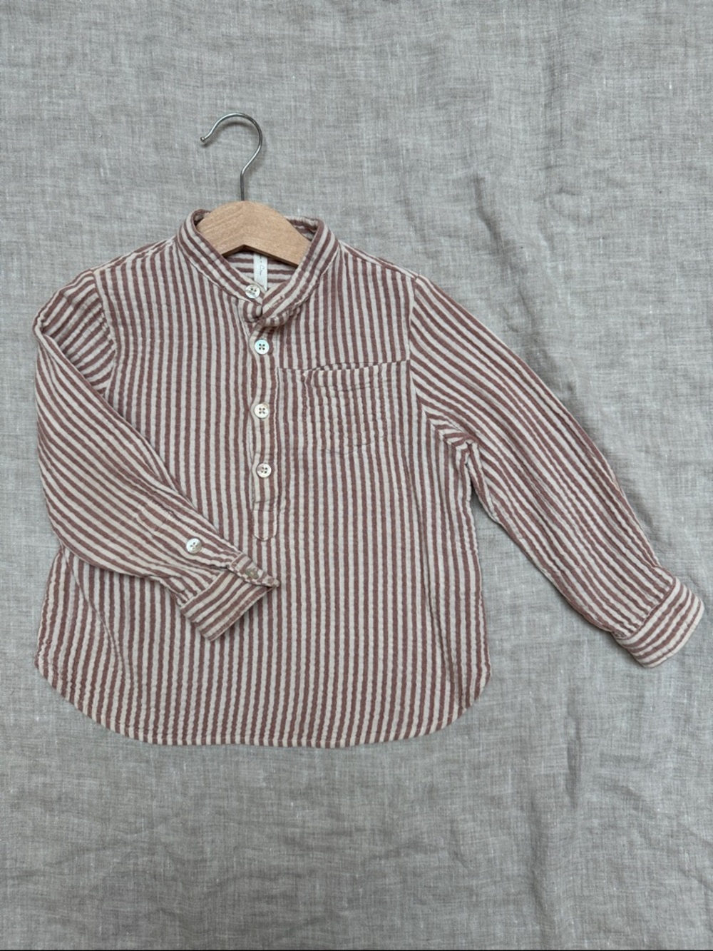 Rylee + Cru Boys 4/5 Cream & Rust Striped Long Sleeve Shirt 100% Cotton